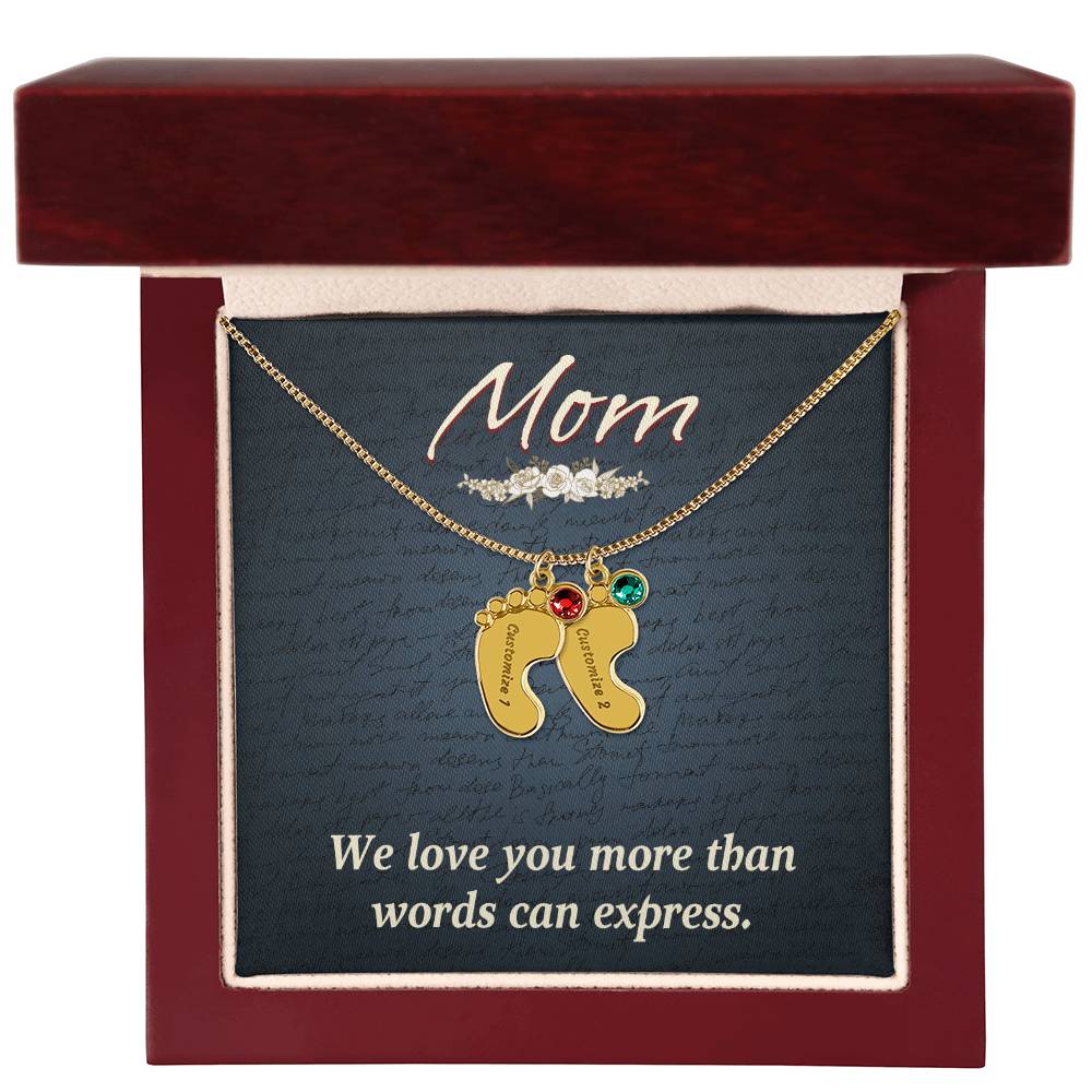 Engraved Baby Feet Necklace with Birthstone  - Mom, We Love You