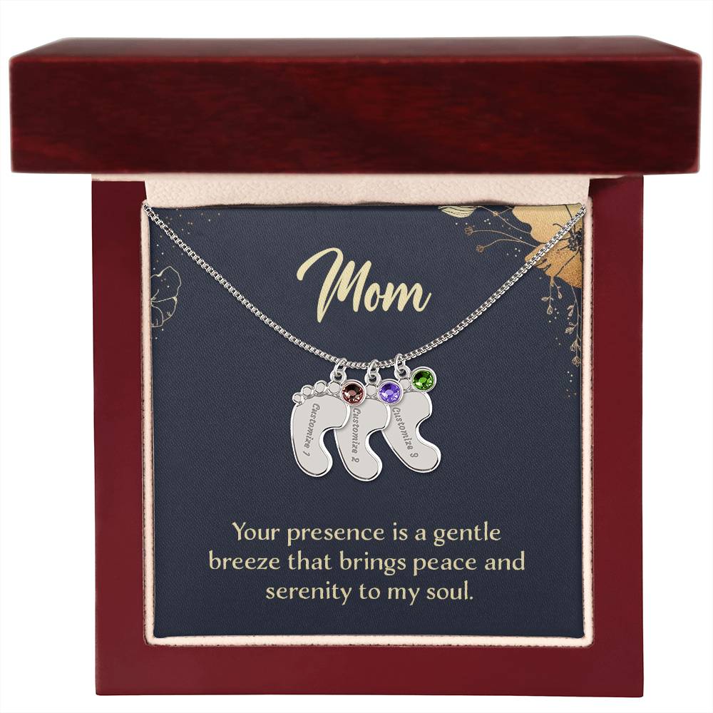 Engraved Baby Feet Necklace with Birthstone - Mom, Your Presence Is A Gentle Breeze