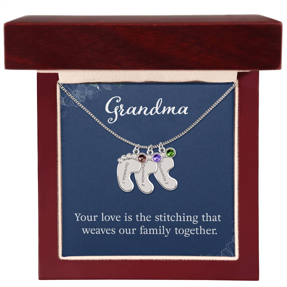 Engraved Baby Feet Necklace with Birthstone -Grandma, Your Love