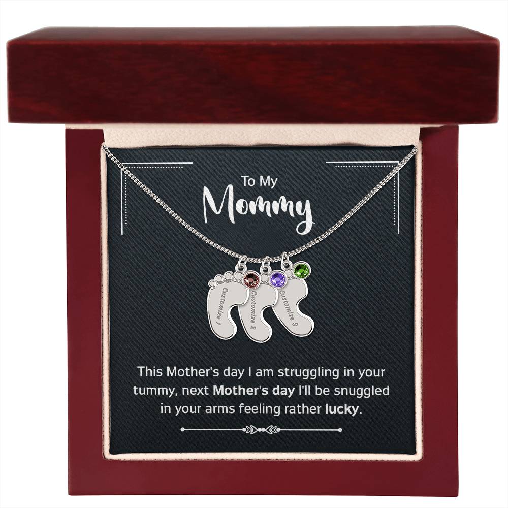 Engraved Baby Feet Necklace with Birthstone - Mother's Day