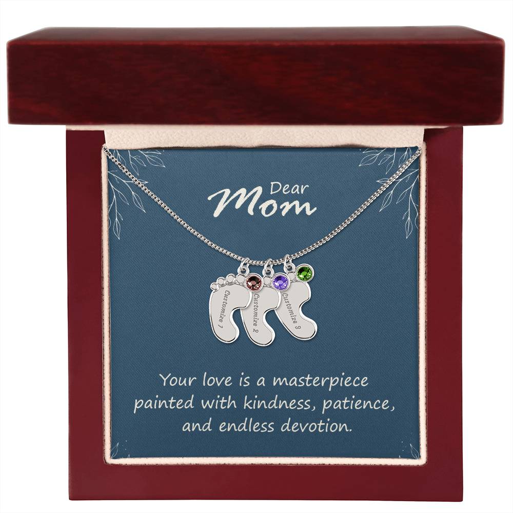 Engraved Baby Feet Necklace with Birthstone - Mom, Your Love  Is A Masterpiece