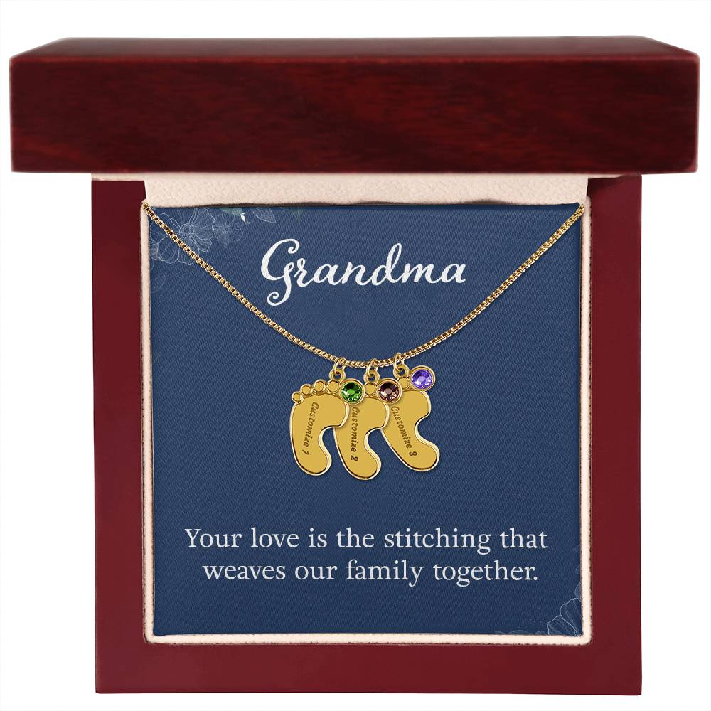 Engraved Baby Feet Necklace with Birthstone -Grandma, Your Love