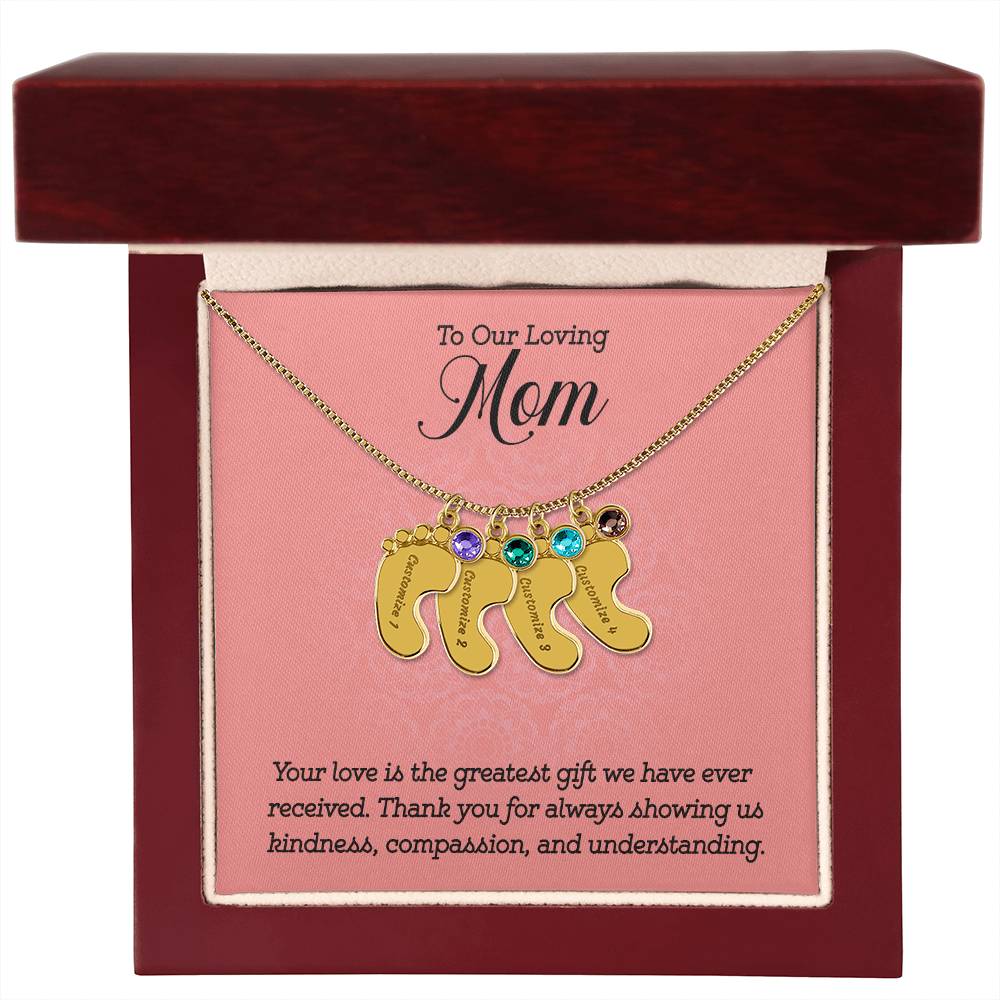 Engraved Baby Feet Necklace with Birthstone -To Our Loving Mom