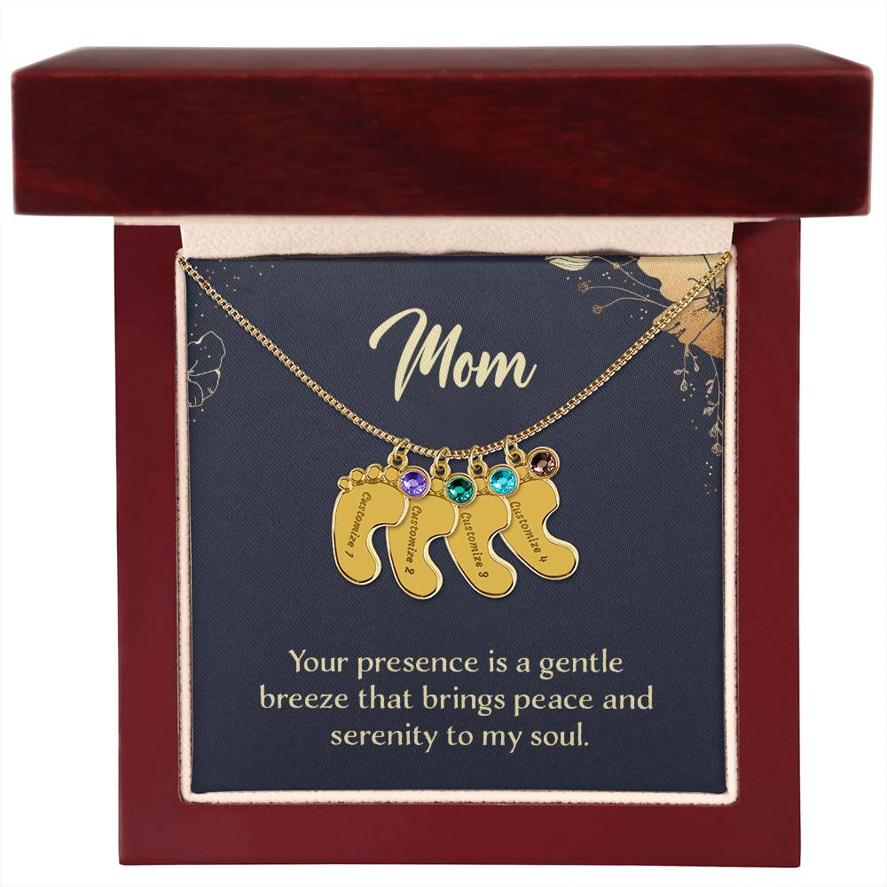 Engraved Baby Feet Necklace with Birthstone - Mom, Your Presence Is A Gentle Breeze