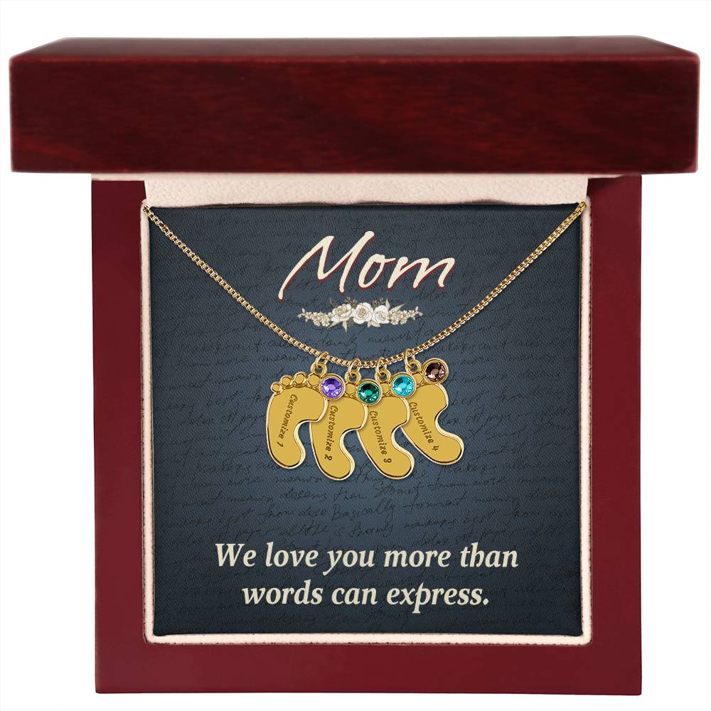 Engraved Baby Feet Necklace with Birthstone  - Mom, We Love You