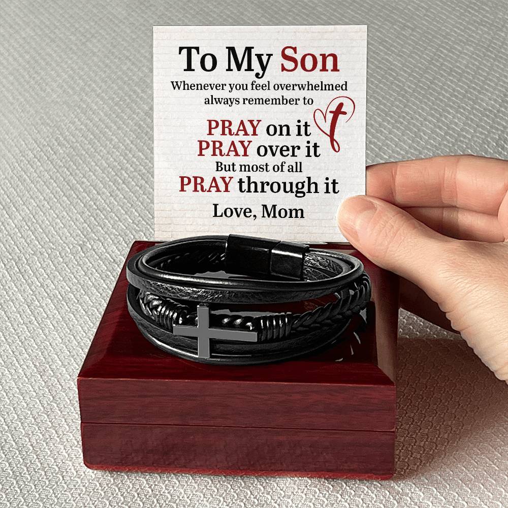 Men's Cross Leather Bracelet - To My Son