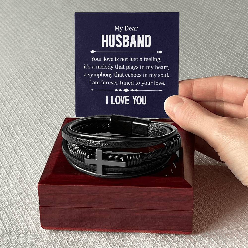 Men's Cross Leather Bracelet - My Dear Husband