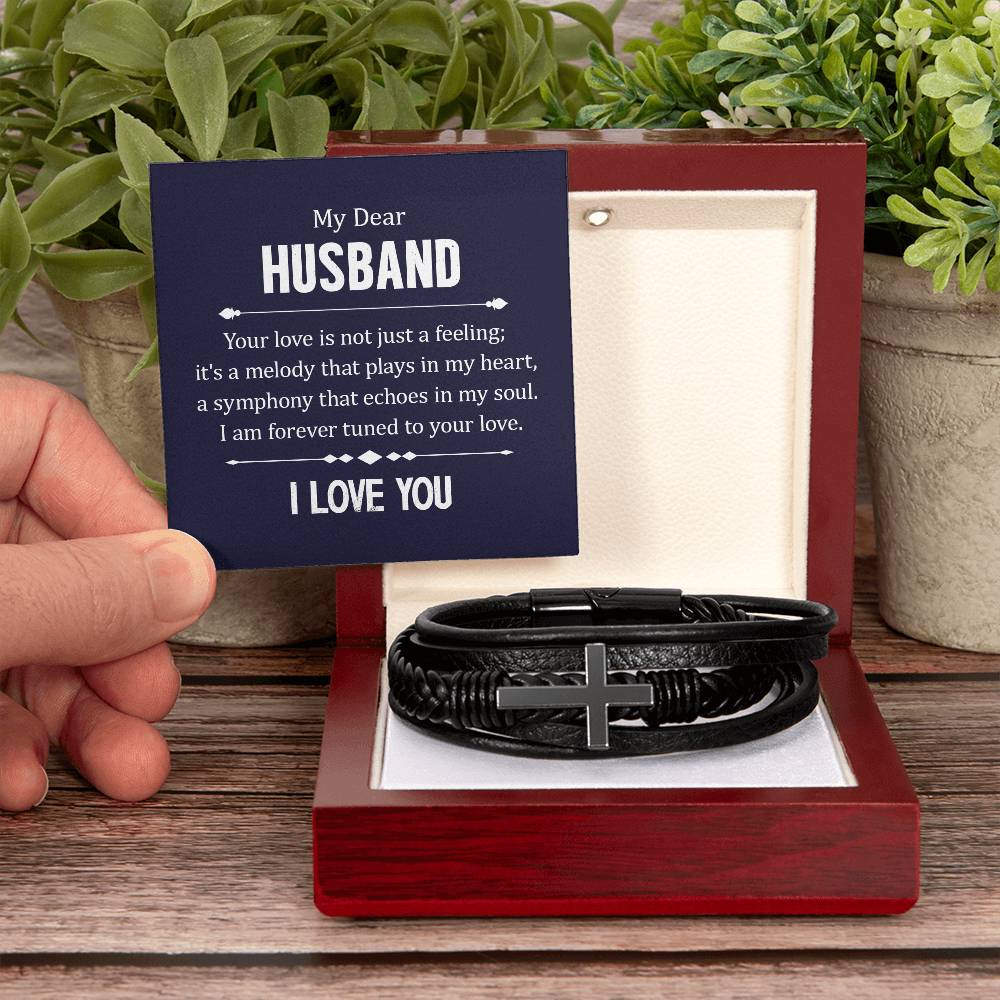 Men's Cross Leather Bracelet - My Dear Husband