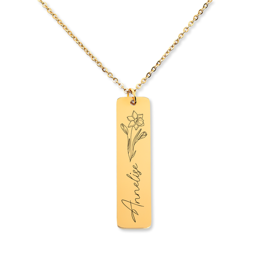 Engraved Name & Birthflower Bar Necklace