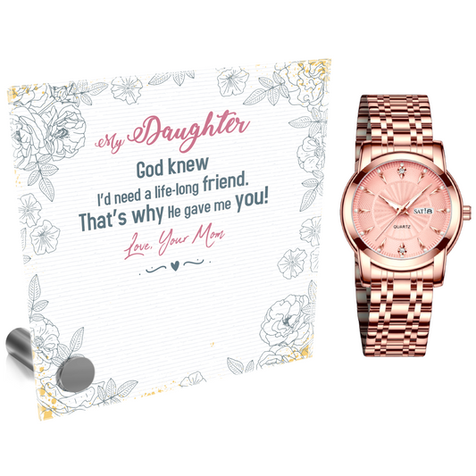 Ladies Rose Gold Watch and Lumenglass Display Message Card Stand Gift Set - To My Daughter