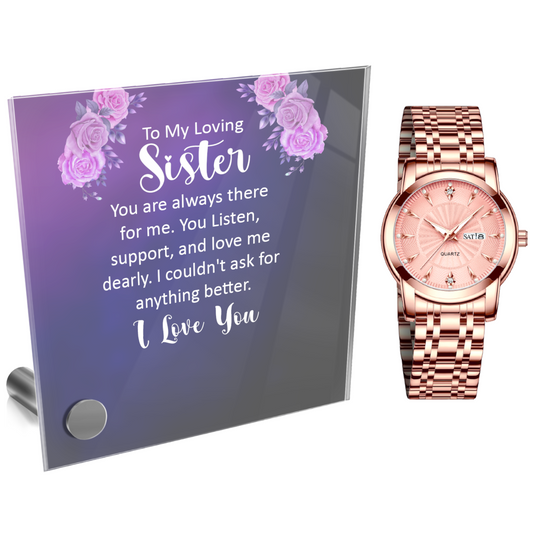 Ladies Rose Gold Watch and Lumenglass Display Message Card Stand Gift Set - To My Sister