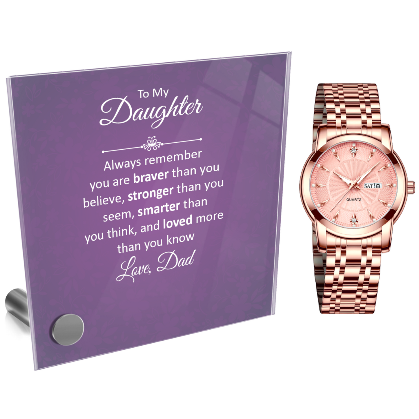 Ladies Rose Gold Watch and Lumenglass Display Message Card Stand Gift Set - To My Daughter