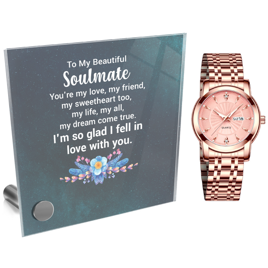 Ladies Rose Gold Watch and Lumenglass Display Message Card Stand Gift Set - To My Soulmate