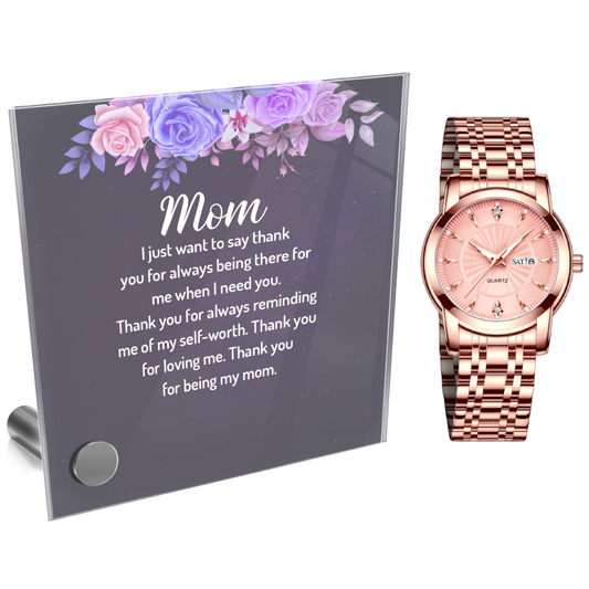 Ladies Rose Gold Watch and Lumenglass Display Message Card Stand Gift Set - To Mom