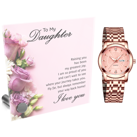 Ladies Rose Gold Watch and Lumenglass Display Message Card Stand Gift Set - To My Daughter