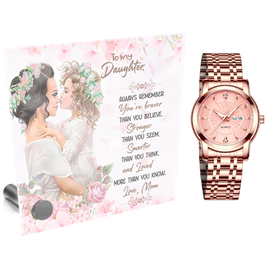 Ladies Rose Gold Watch and Lumenglass Display Message Card Stand Gift Set - To My Daughter