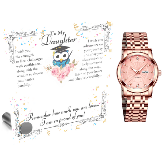 Ladies Rose Gold Watch and Lumenglass Display Message Card Stand Gift Set - To My Daughter