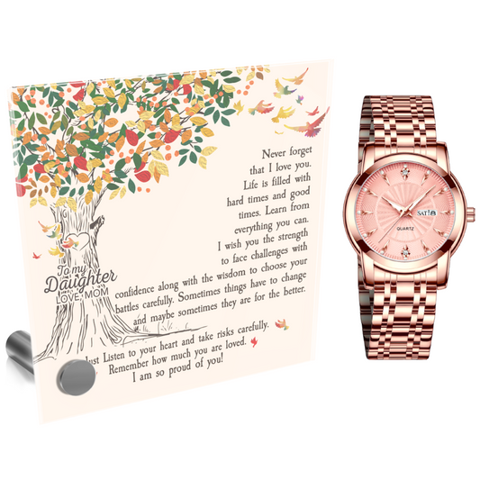Ladies Rose Gold Watch and Lumenglass Display Message Card Stand Gift Set - To My Daughter