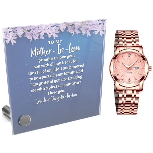 Ladies Rose Gold Watch and Lumenglass Display Message Card Stand Gift Set - To Mother In Law