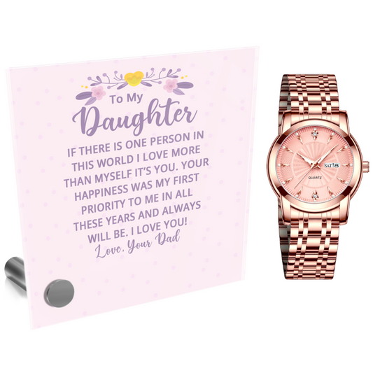 Ladies Rose Gold Watch and Lumenglass Display Message Card Stand Gift Set - To My Daughter