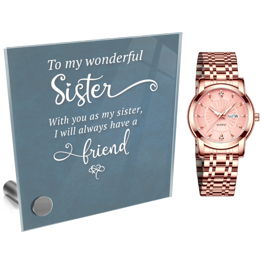 Ladies Rose Gold Watch and Lumenglass Display Message Card Stand Gift Set - To My Sister