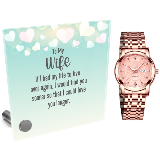 Ladies Rose Gold Watch and Lumenglass Display Message Card Stand Gift Set - To My Wife